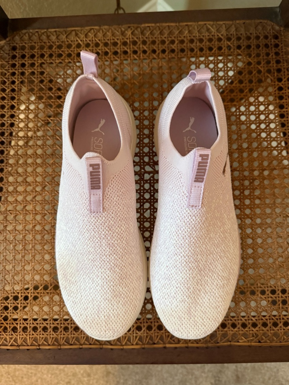 Puma Slip-On Knit Sneakers in Pale pink and white.  Comfort soft insoles.  W-9